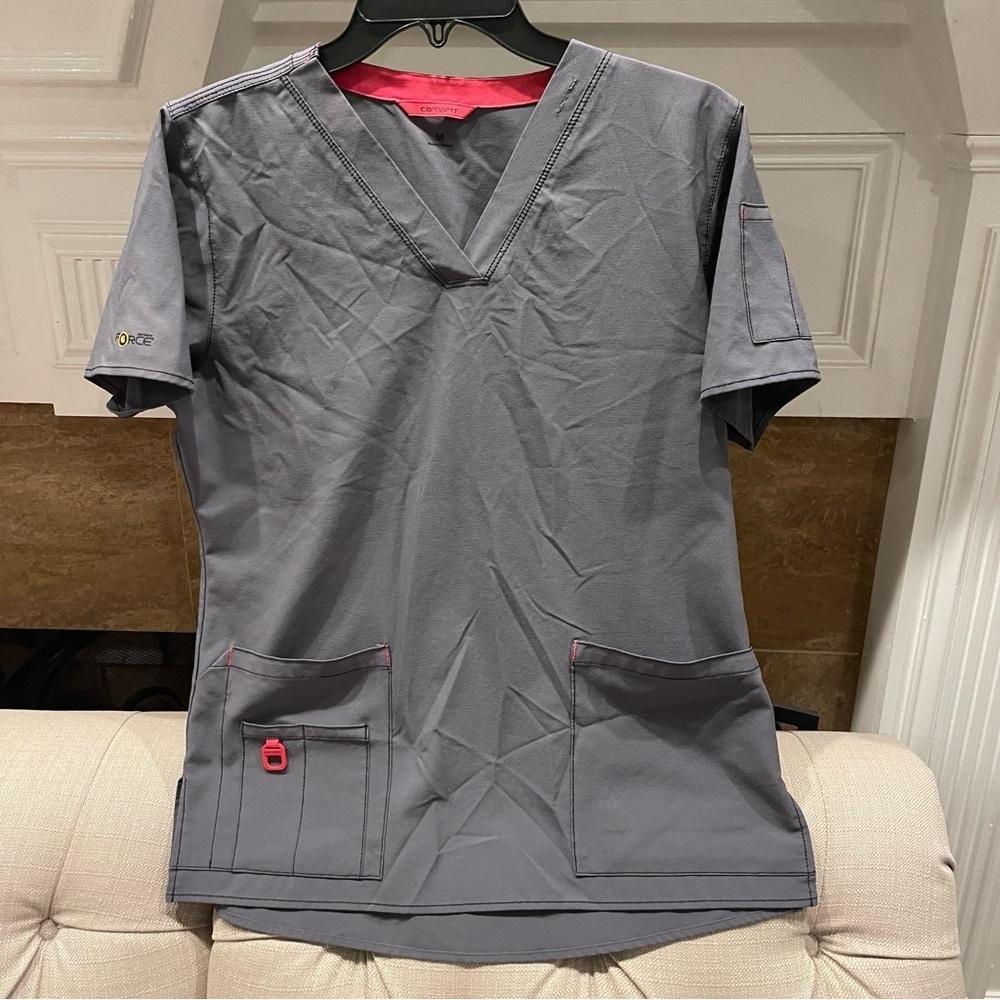 Carhartt Womens Small Gray Scrubs Top Short Sleeve Red Trim w/Pockets